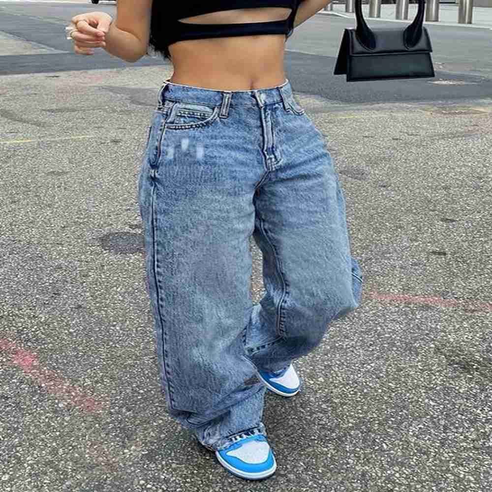 women s jeans blue ripped holes straight loose fit slant
