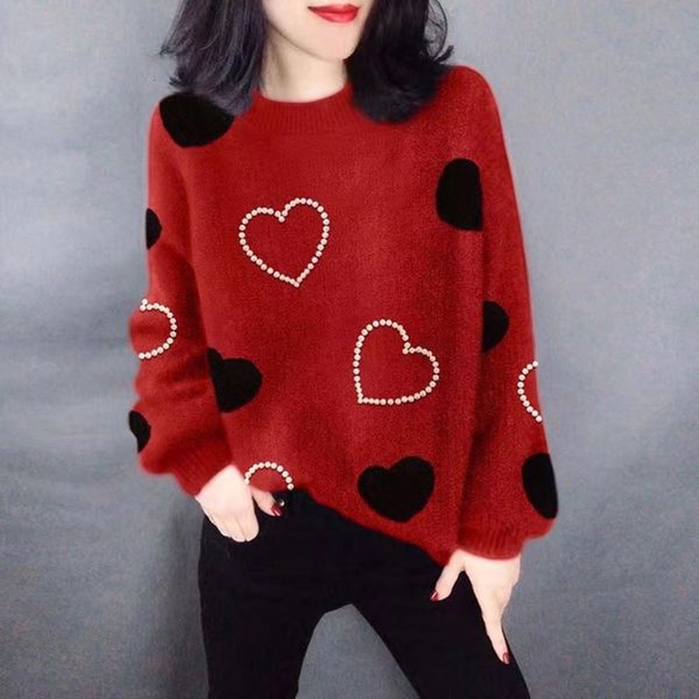 women s sweater casual love heart pattern print knitted pullover