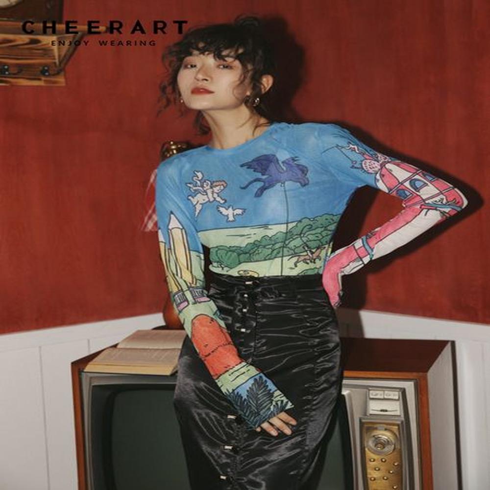 women s t shirt cheerart sheer mesh top long sleeve