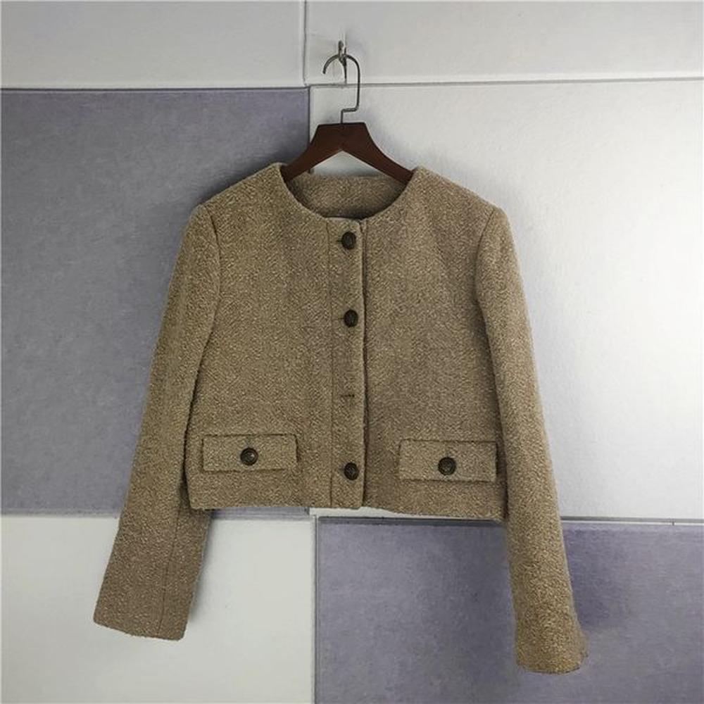 women sandro tweed round neck coat long sleeve short top