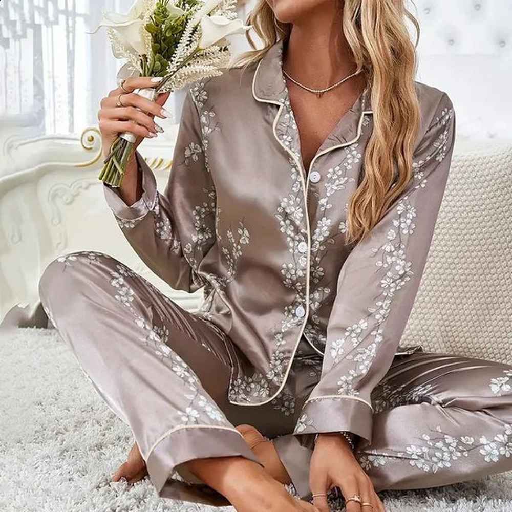 women satin pajama casual sleepwear home clothes suit autumn long