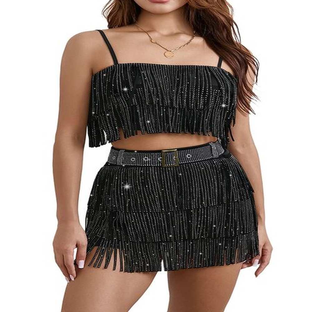 women sequins piece outfits sleeveless backless sequins sling tassel
