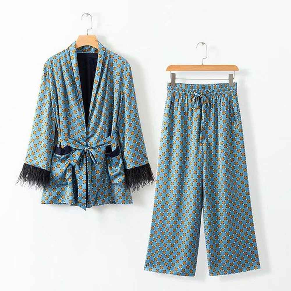 women set spring fashion blue printed kimono jacket with feather