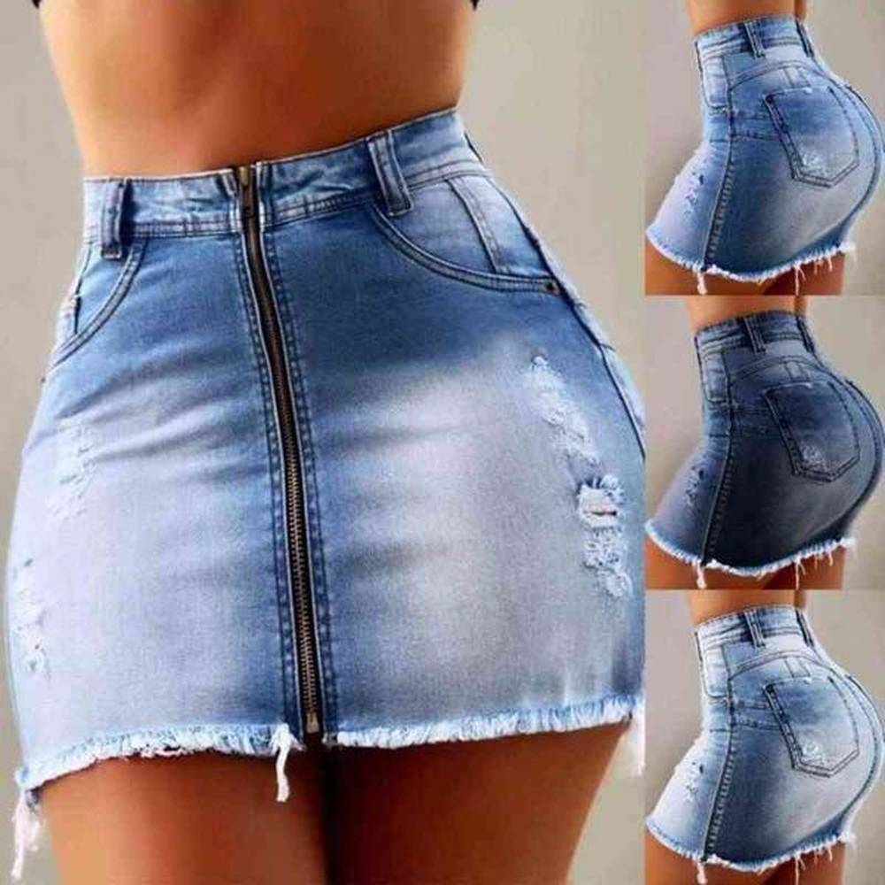 women sexy denim skirts high waist ripped hole zipper jeans