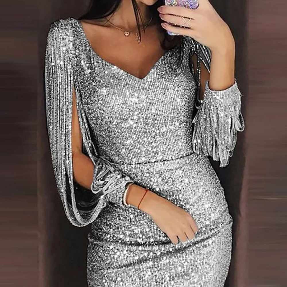 women sexy dresses glitter sparkly sequin tassel sleeves v neck
