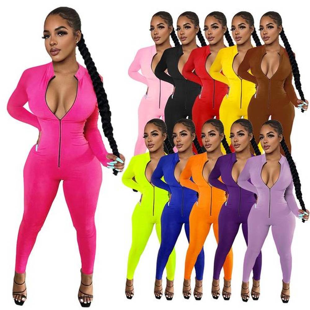 women sexy jumpsuit solid color long sleeve fingers bodysuit fashion