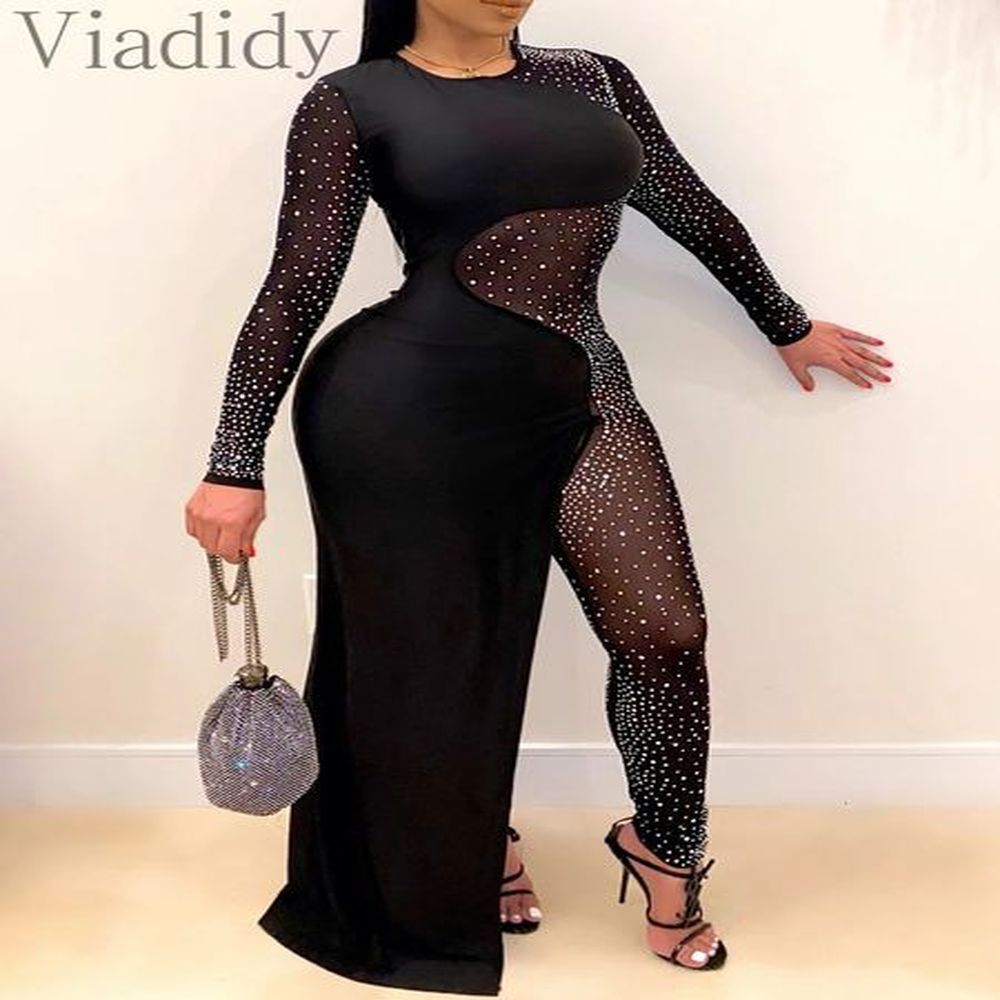 women sexy mesh rhinestone irregular skinny jumpsuits
