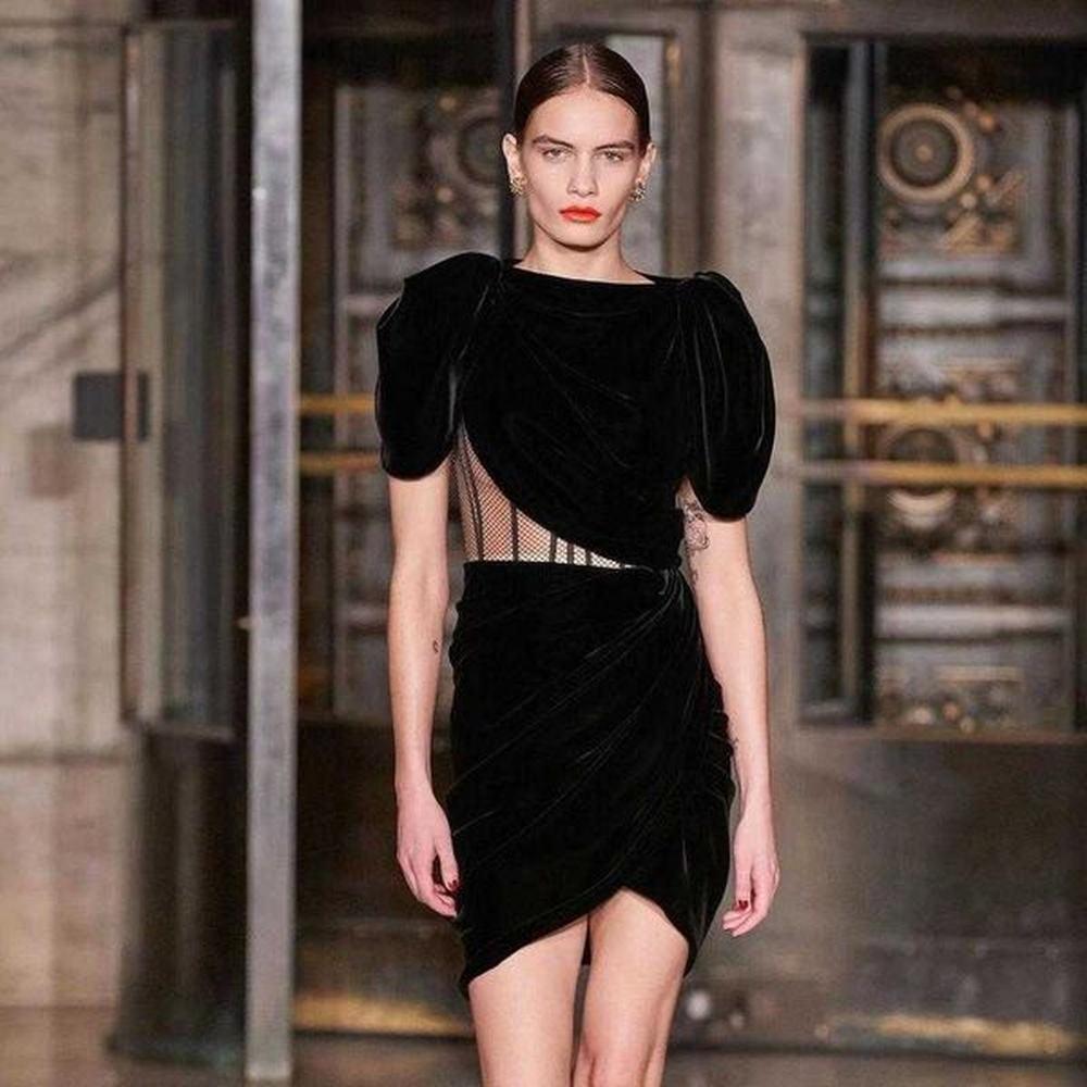 women sexy short sleeve velvet black elegant dress split mesh