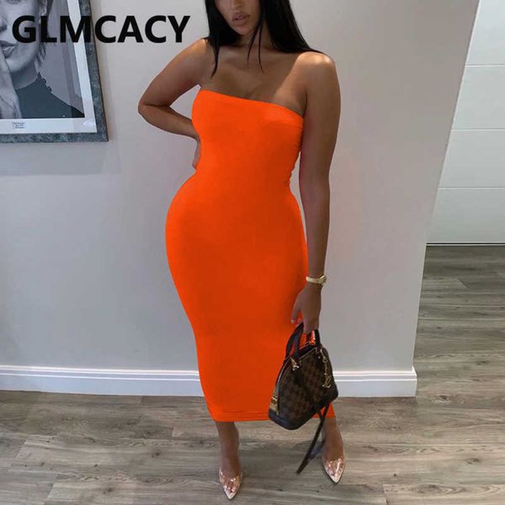 women sexy strapless slit solid color stretch maxi dress