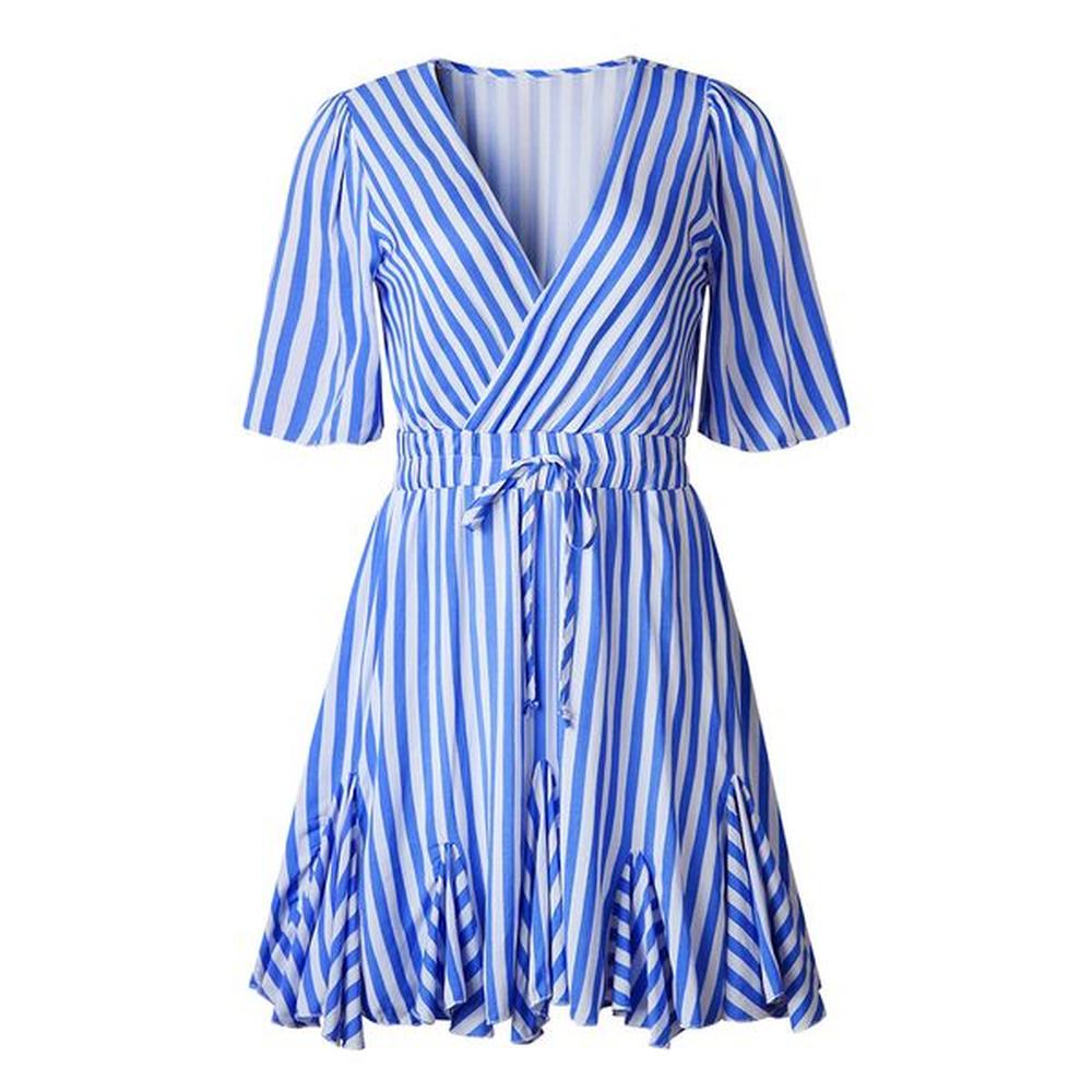 women sexy vintage dresses deep vneck short sleeve striped print