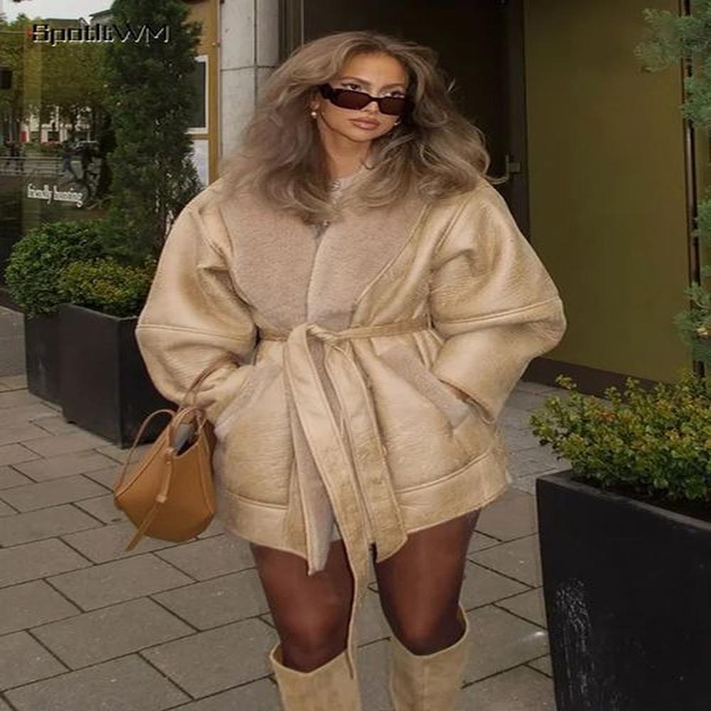 women sheepskin neck spliced faux leather coat with belt fashion