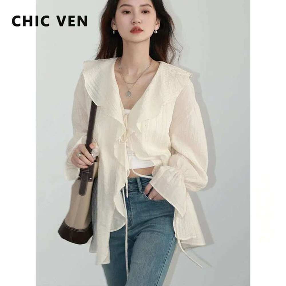 women shirt loose casual ruffled edges female blouses v neck