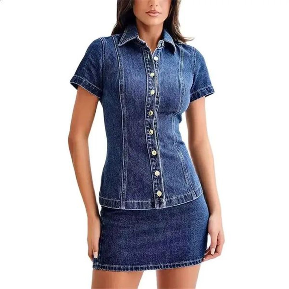women singlebreasted splice short sleeve jackets slim fit denim two