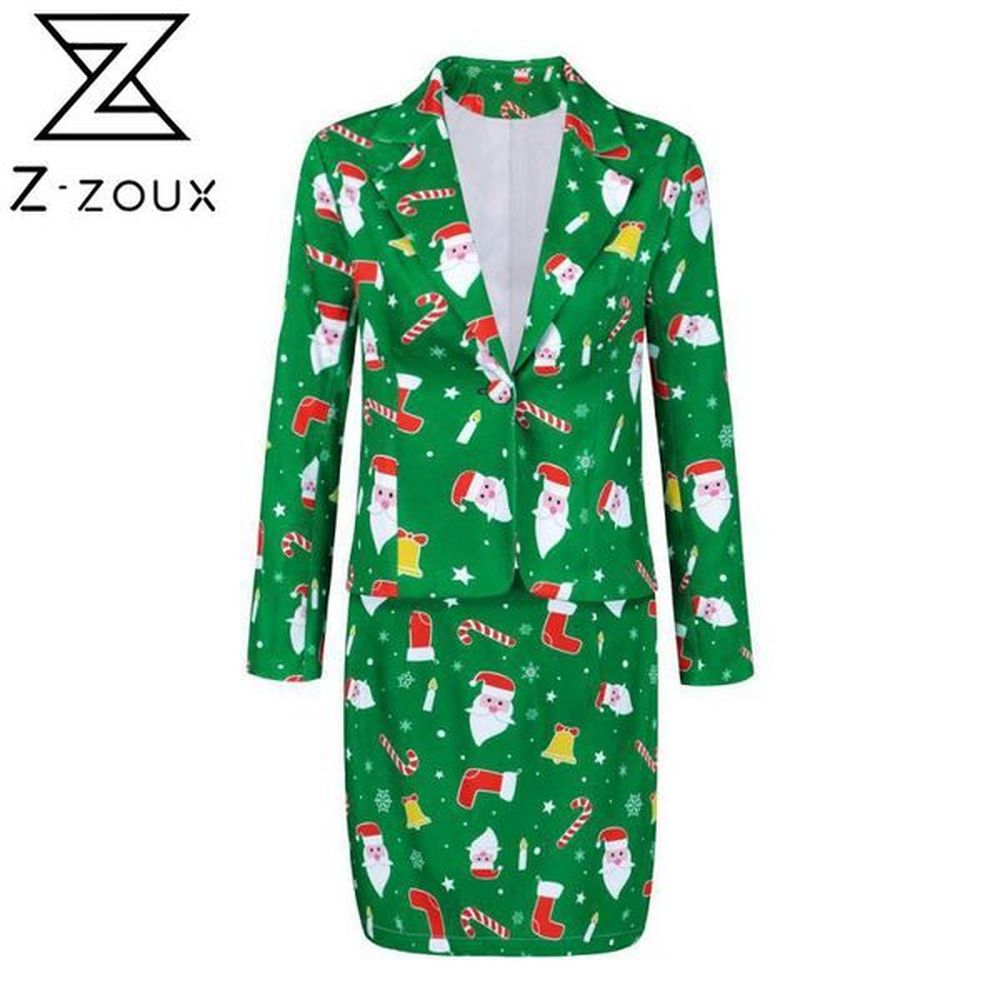 women skirt set christmas printed female suit with long sleeve