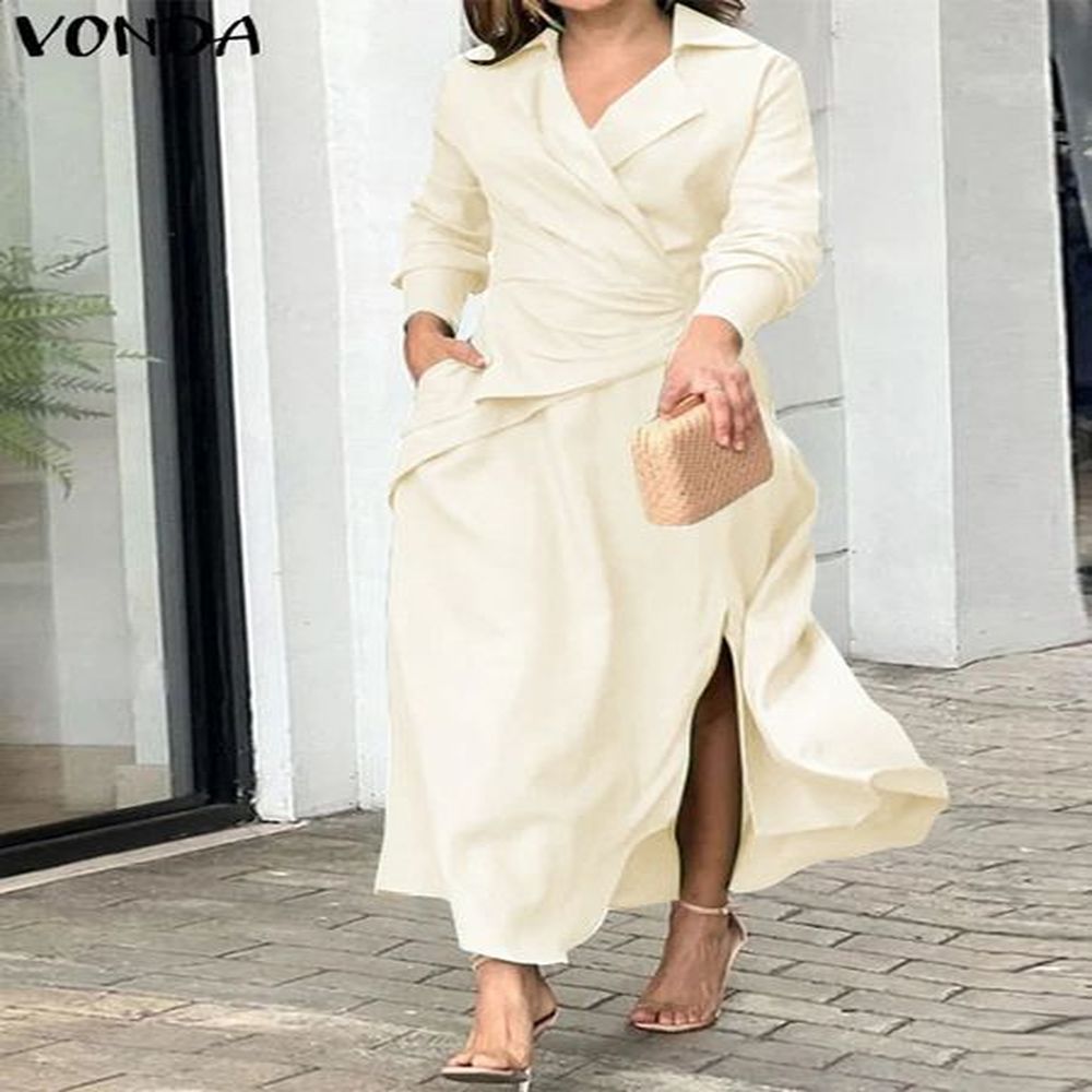 women solid color maxi dress vintage lapel neck robe vonda
