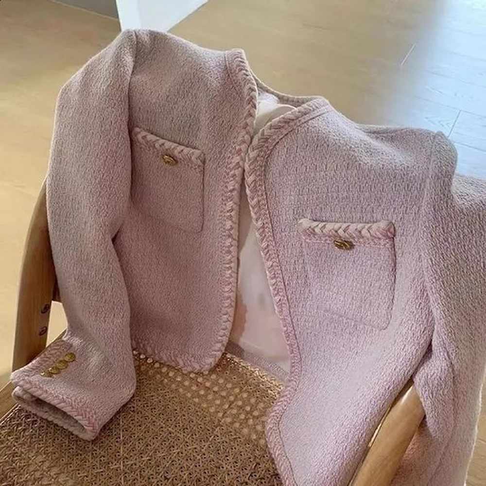 women spring autumn fashion solid color tweed coat female short