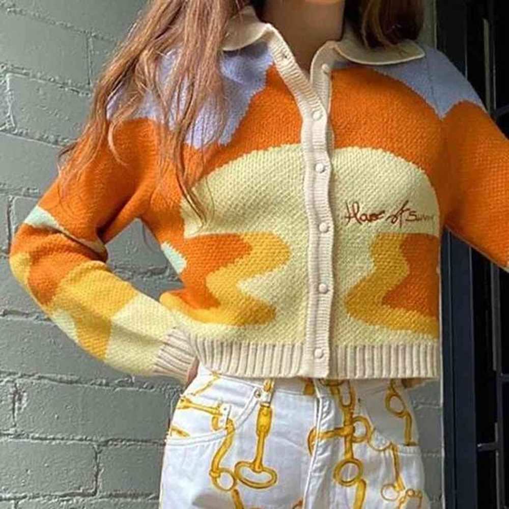 women spring vintage french style sunshine print short knitted sweater
