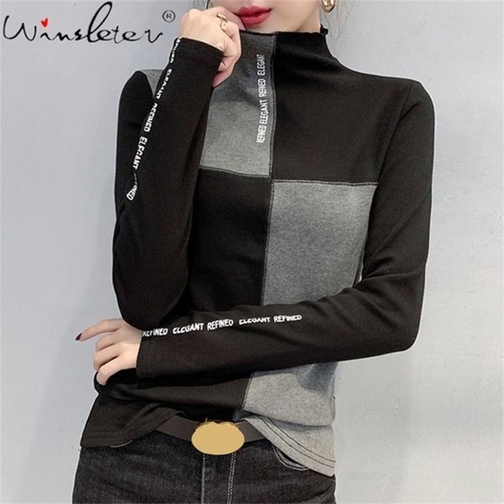 women springautumn slim tshirt patchwork bottoming long sleeve casual korean