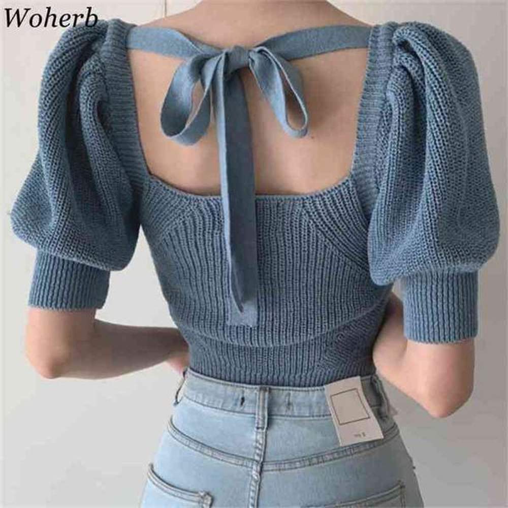 women square collar knitted short sweaters sexy backless bow bandage
