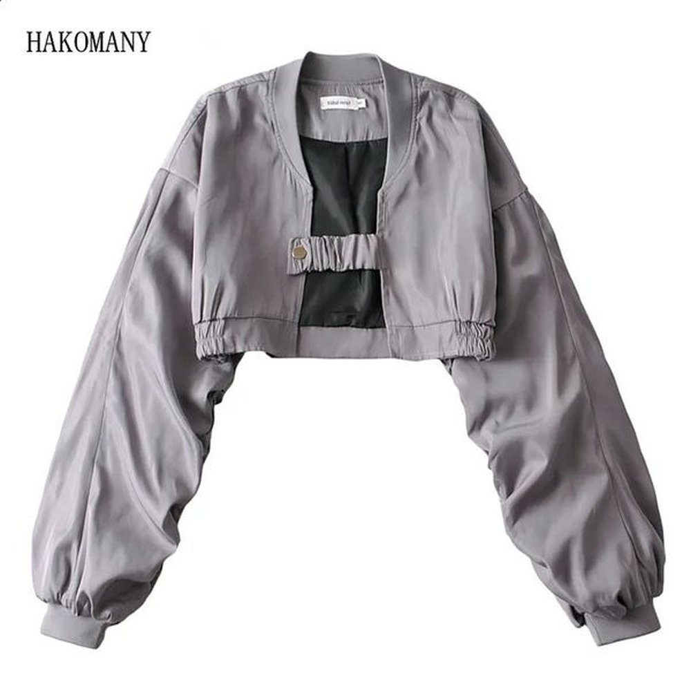 women streetwear ruched sleeve casual basic cropped bomber coat female