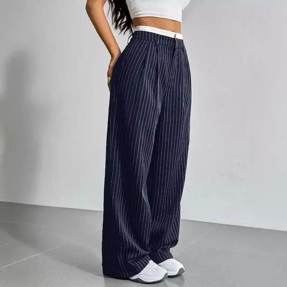 women stripes printed full length pants trousers high waist fashion