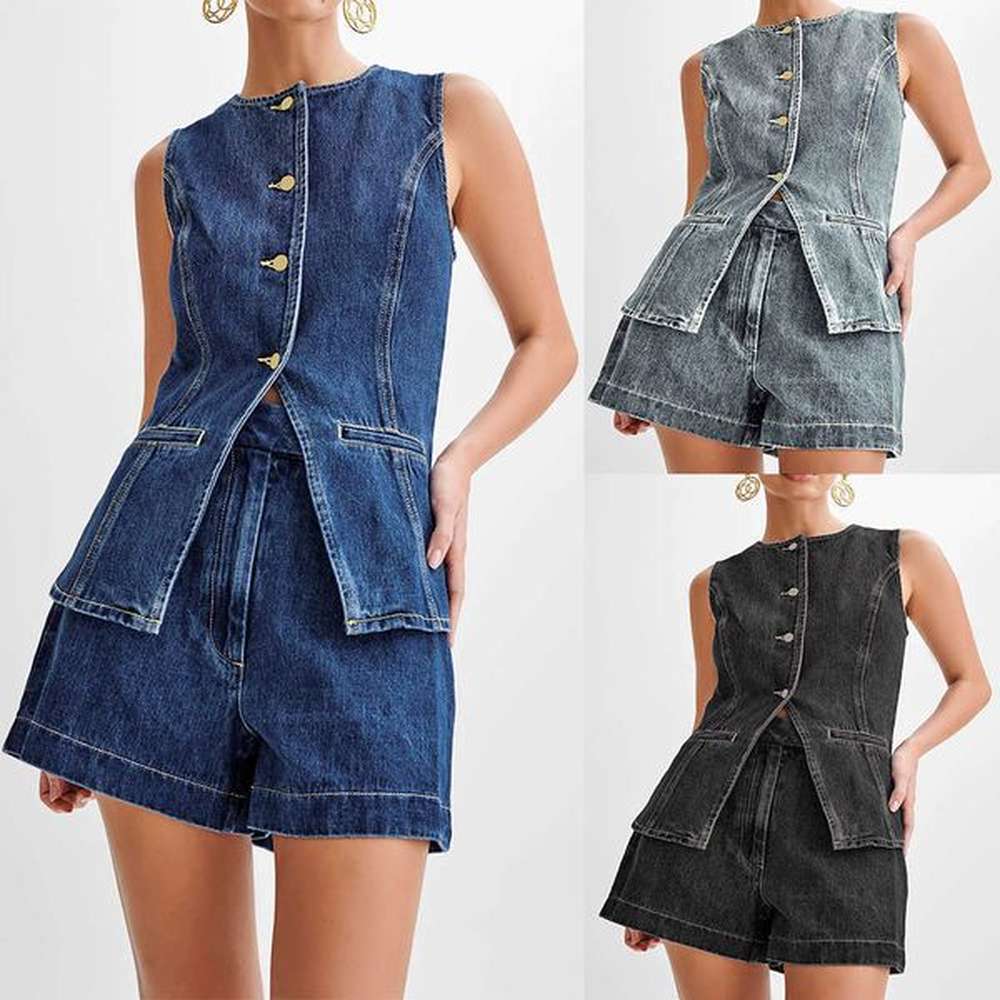 women summer denim shorts suit piece outfits sleeveless round