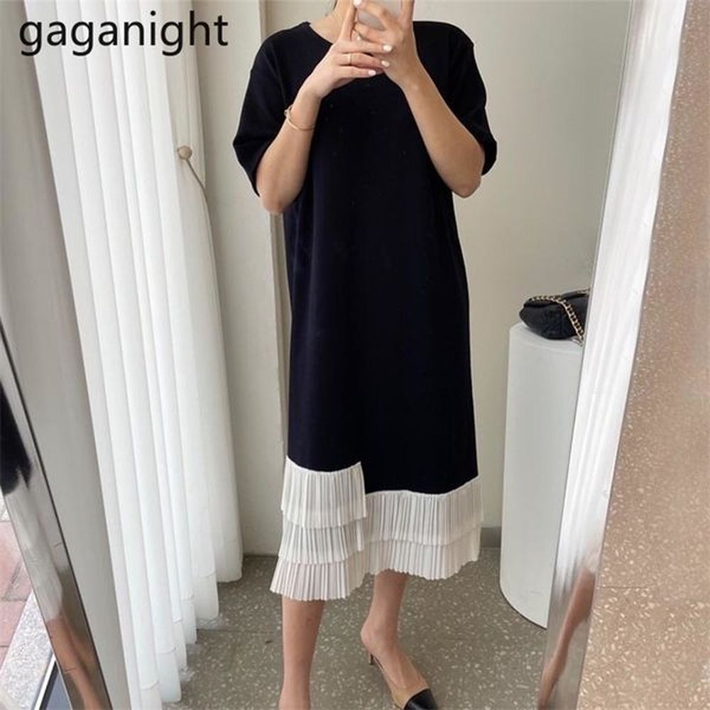 women summer dress casual short sleeve black pleated cotton patchwork