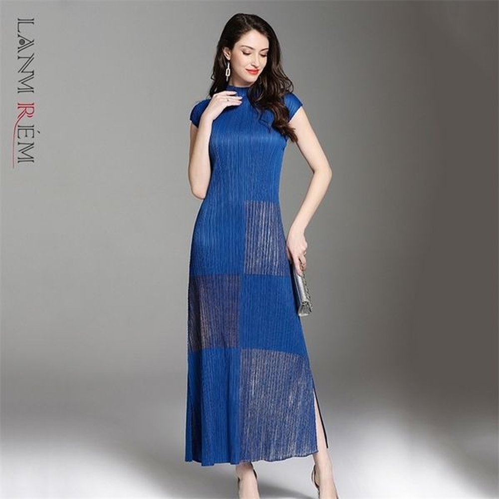 women summer dress standing collar aline slim patchwork pleated female
