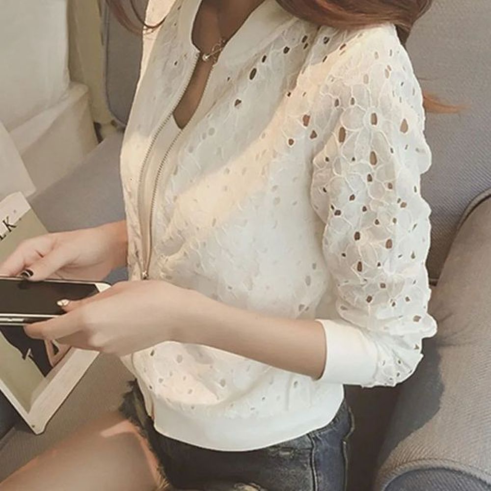 women summer lace jacket coat hollow out breathable bomber jacket