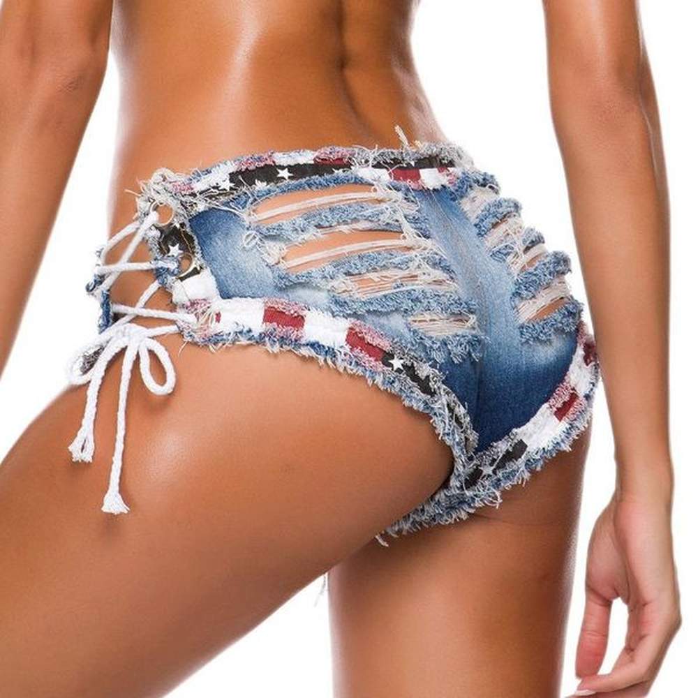women summer sexy lace up ripped shorts jeans high waist