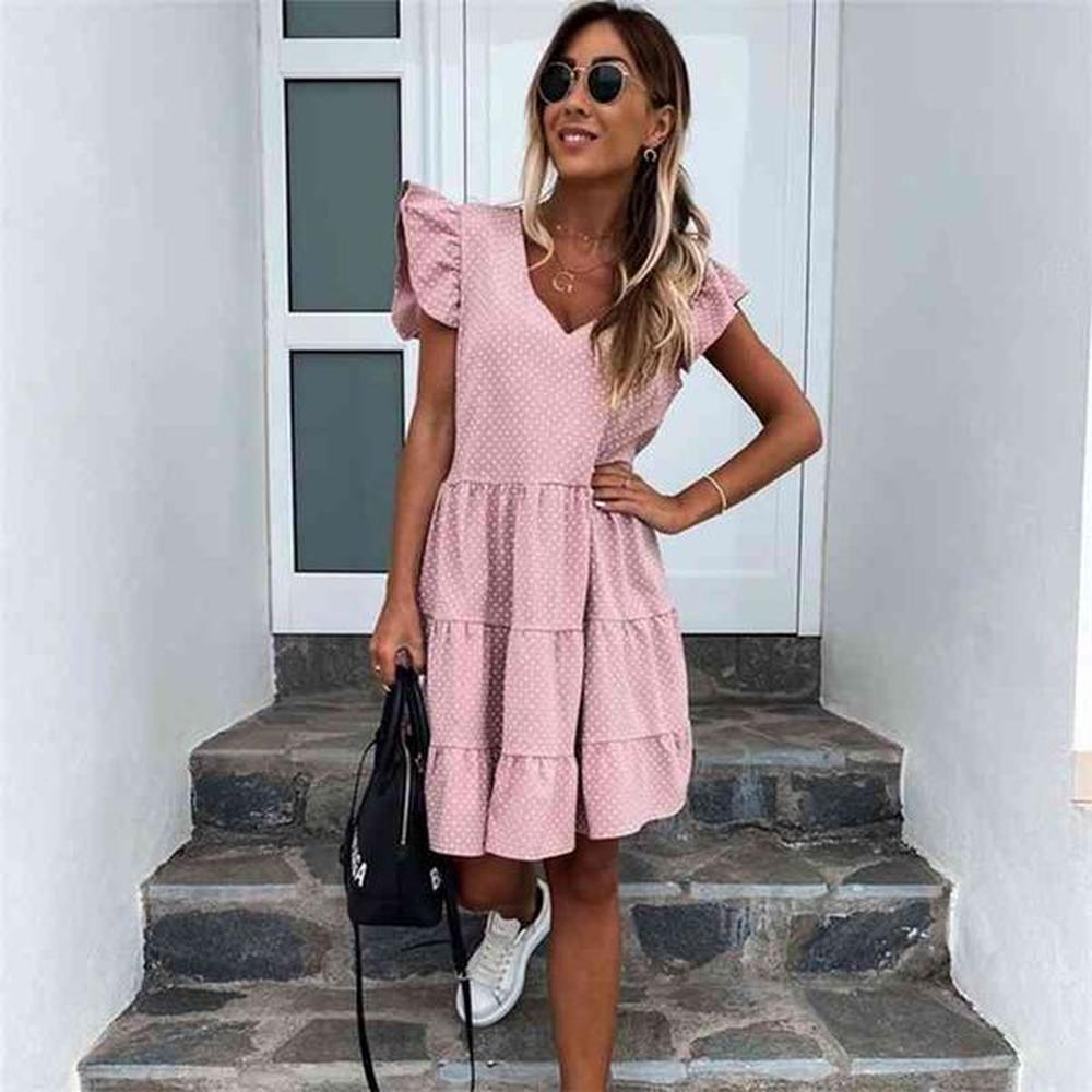 women summer sundress casual ruffles sleeves vneck dot boho party