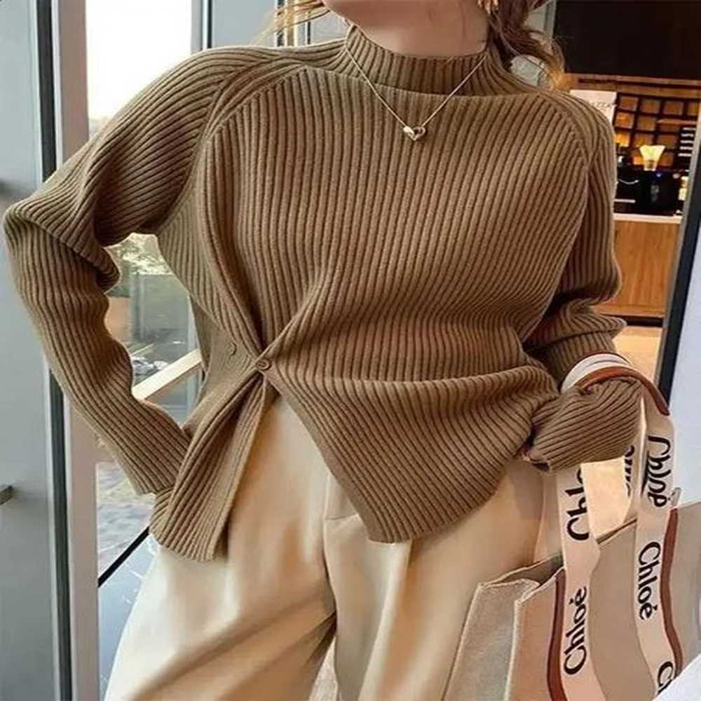 women sweater pullovers turtlneck casual autumn winter split fork button