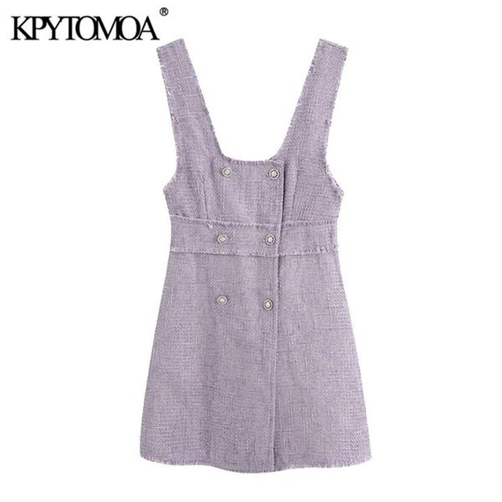 women sweet fashion double breasted tweed mini dress frayed trim