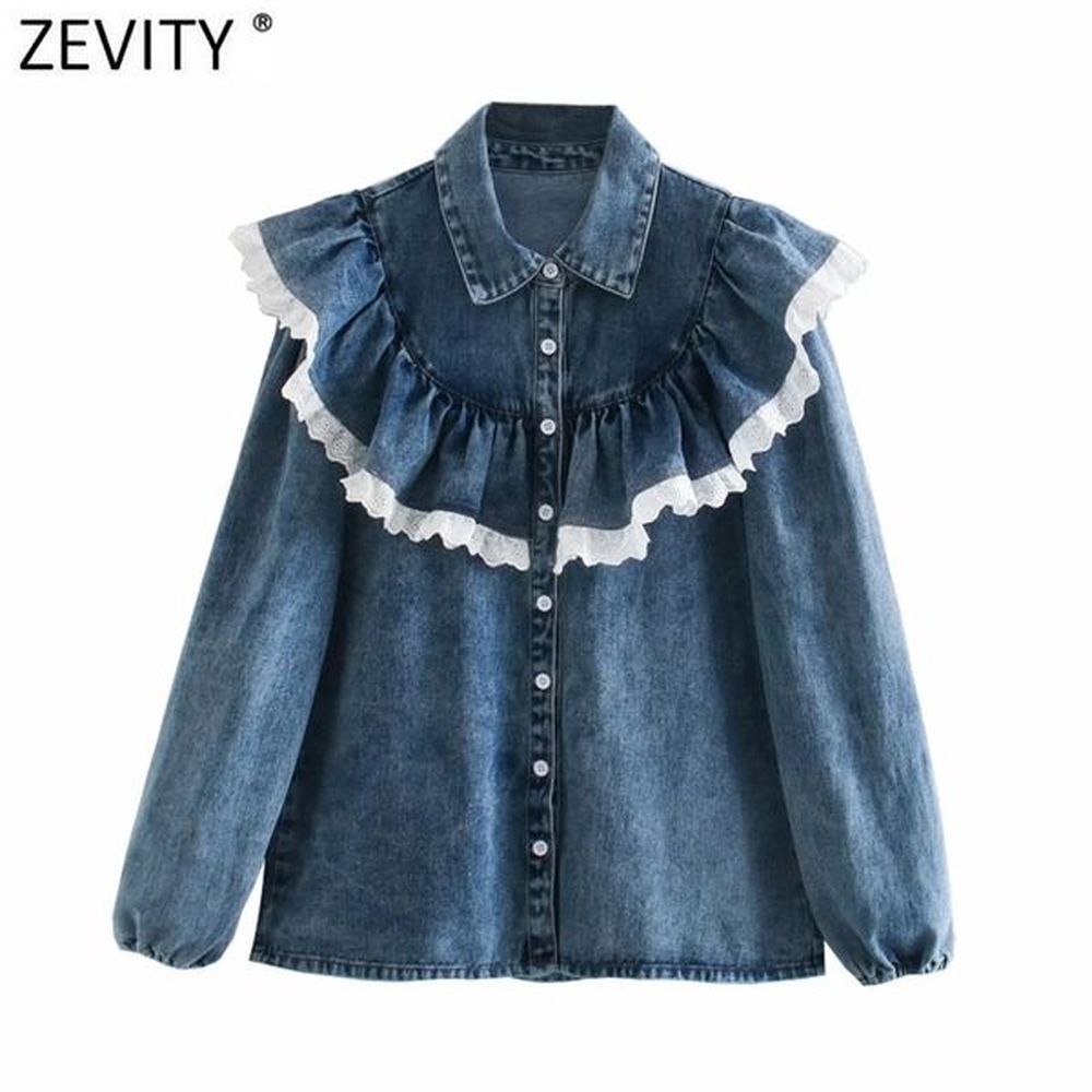 women sweet lace patchwork ruffles denim smock blouse office ladies