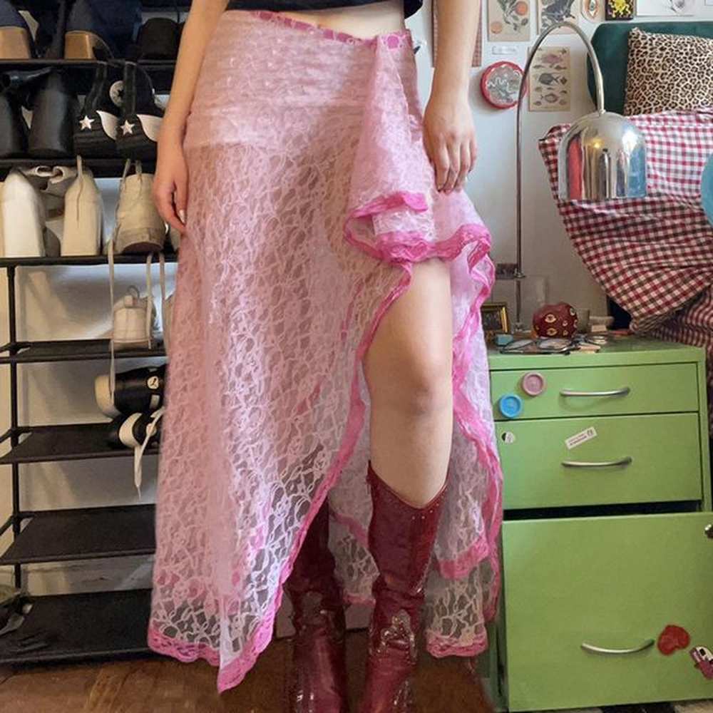 women sweet pink lace split skirt yk streetwear contrast aesthetic