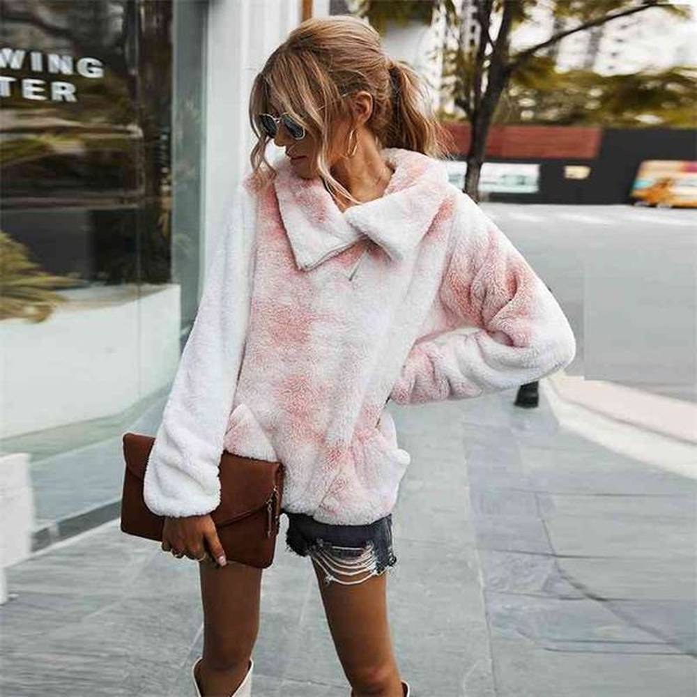 women tiedye plush hoodies autumn winter zip lapel soft warm