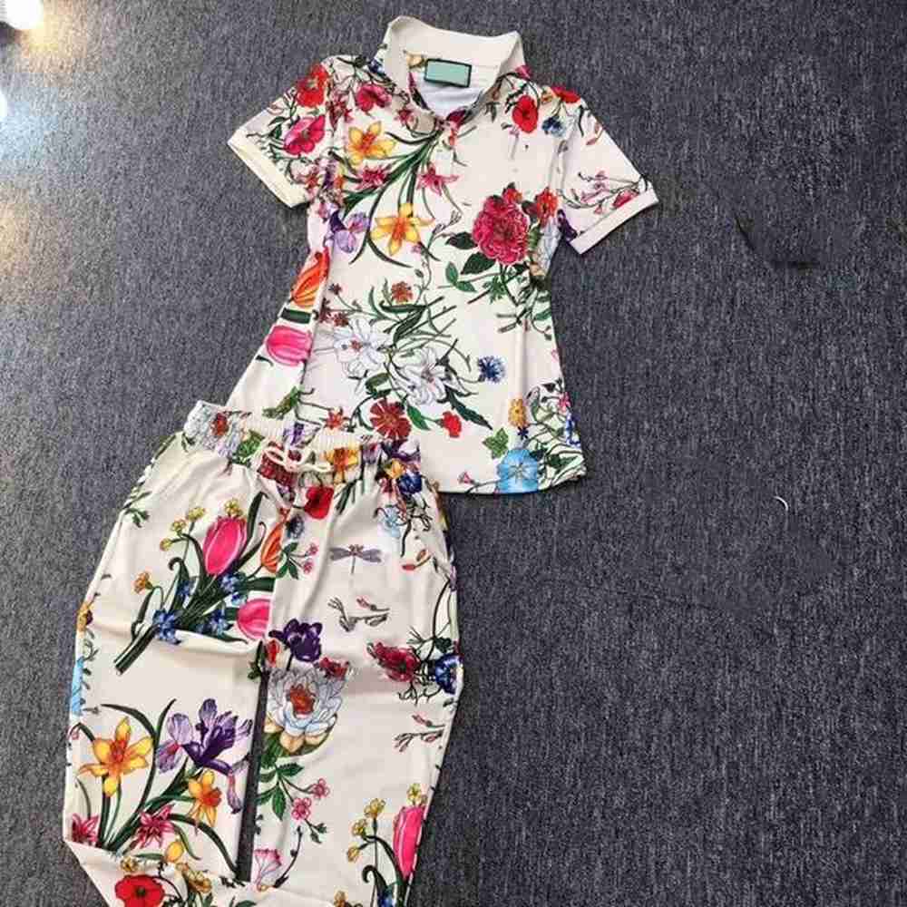 women tracksuits summer t shirts long pants suits with flowers