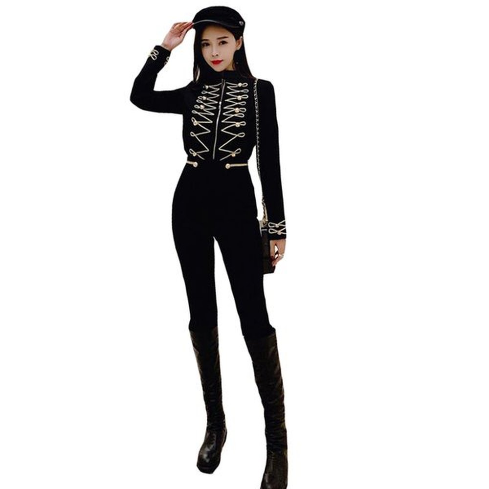 women two piece golden embroidery zipper front short jacket coat