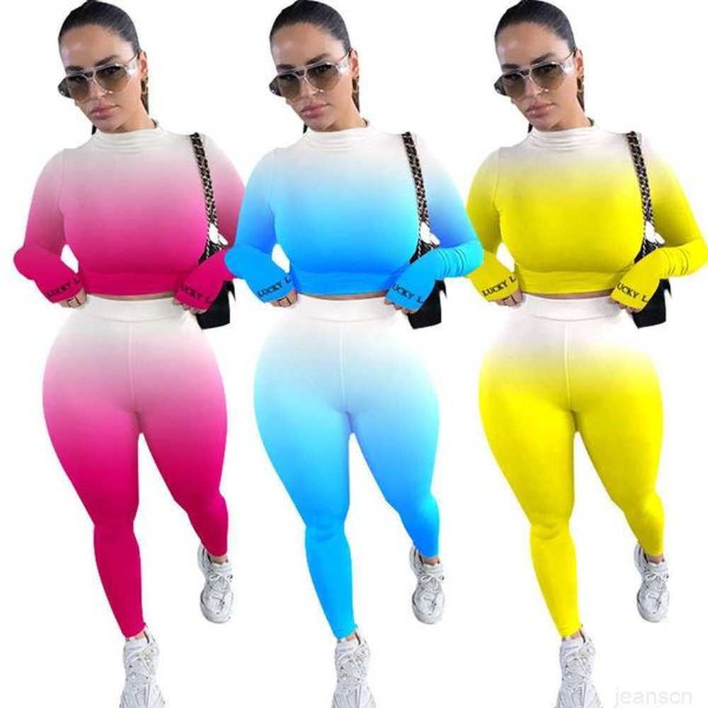 women two piece set designer pants gradient long sleeve t
