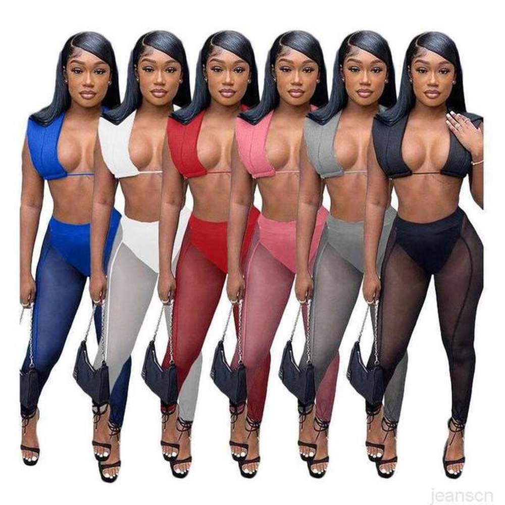 women two pieces mesh pants set summer outfits crop tops