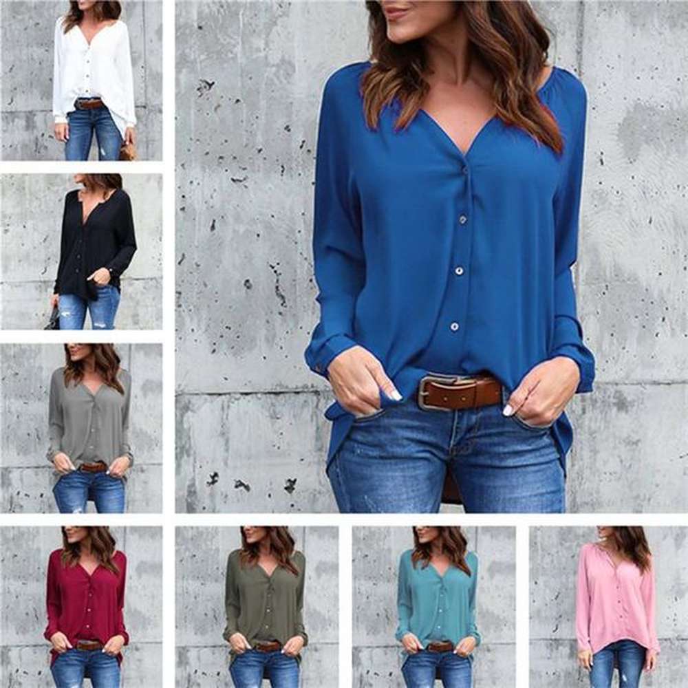 women v neck blouses casual solid color long sleeve single