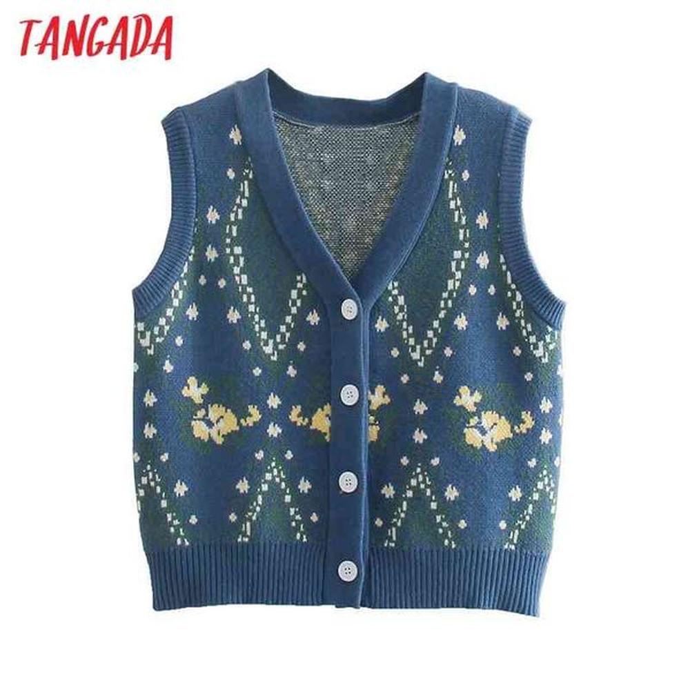 women vintage blue floral pattern knitted vest v neck sweater