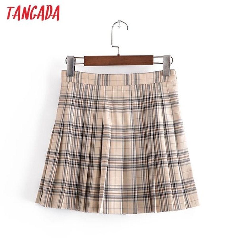 women vintage plaid pattern pleated side zipper casual female skirt