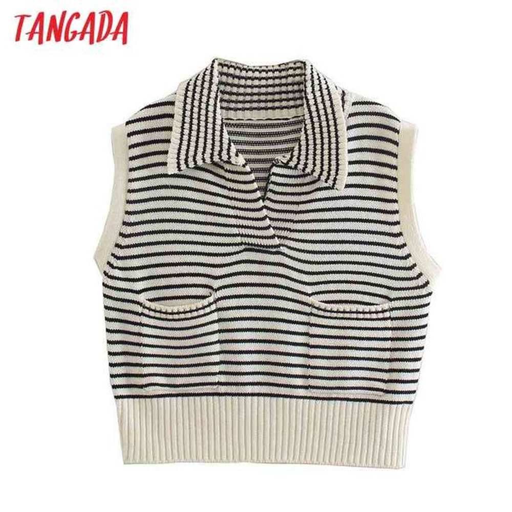 women vintage striped crop knitted vest sweater pocket sleeveless female