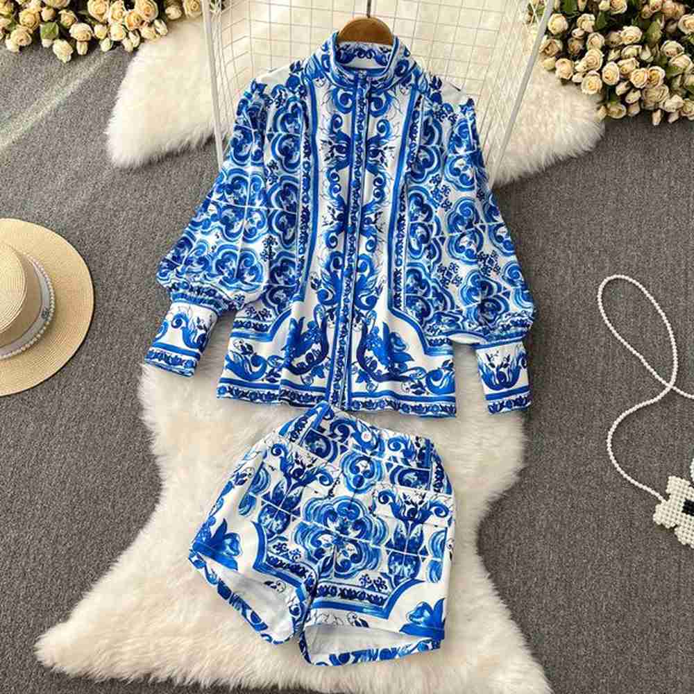 women vintage two piece clothing short set floral print lantern