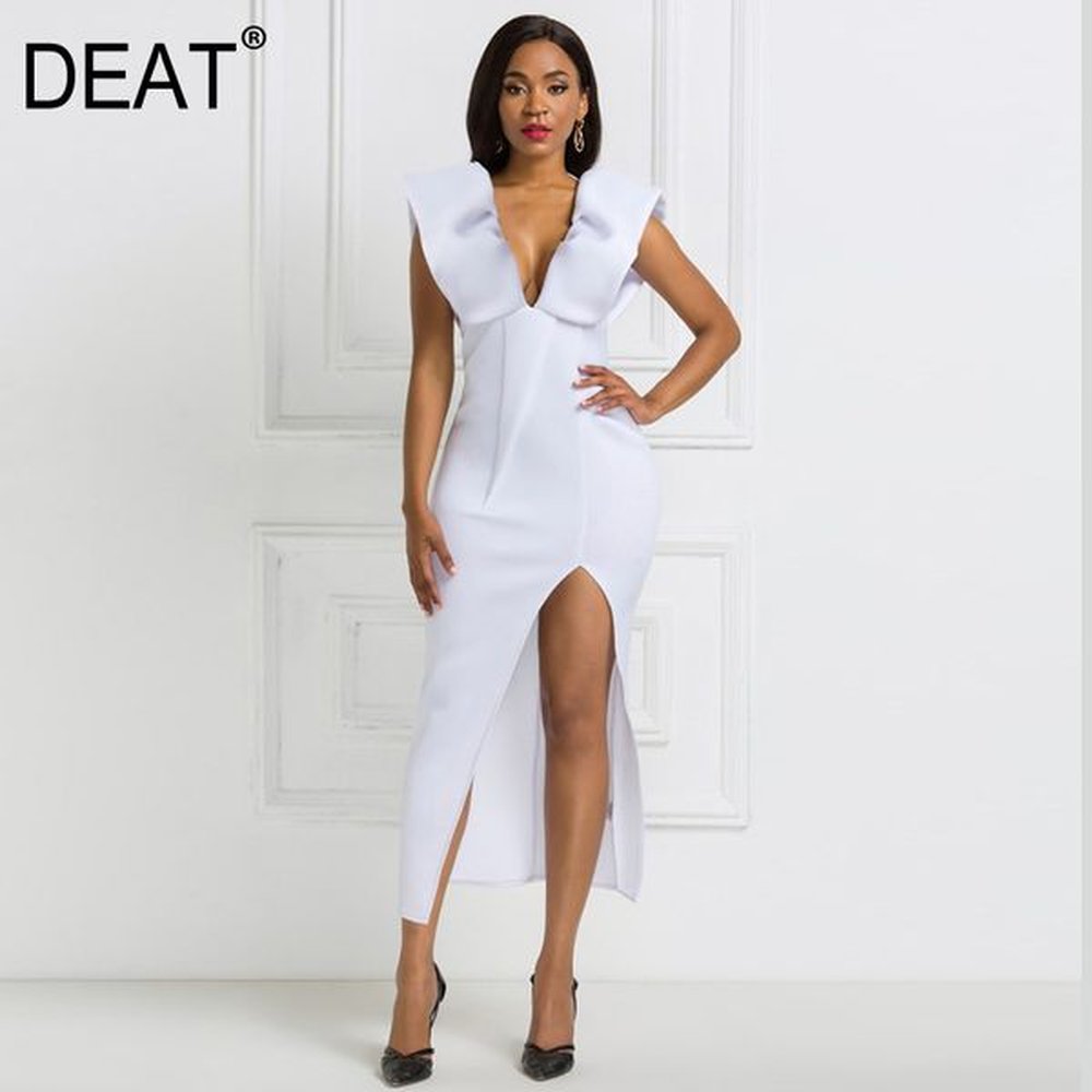 women white big size ruffles slim split dress vneck backless