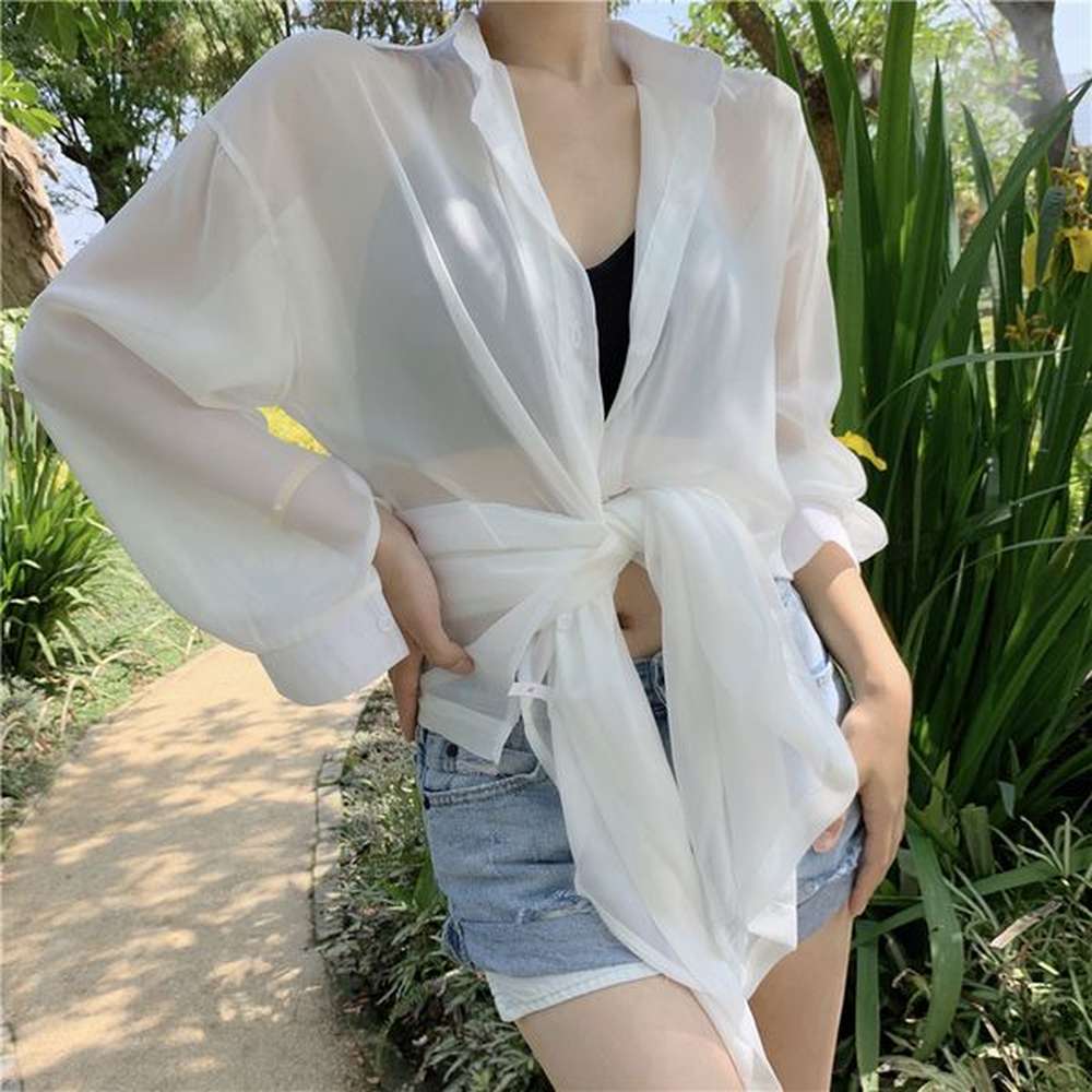 women white elegant split chiffon sun protection blouse lapel long