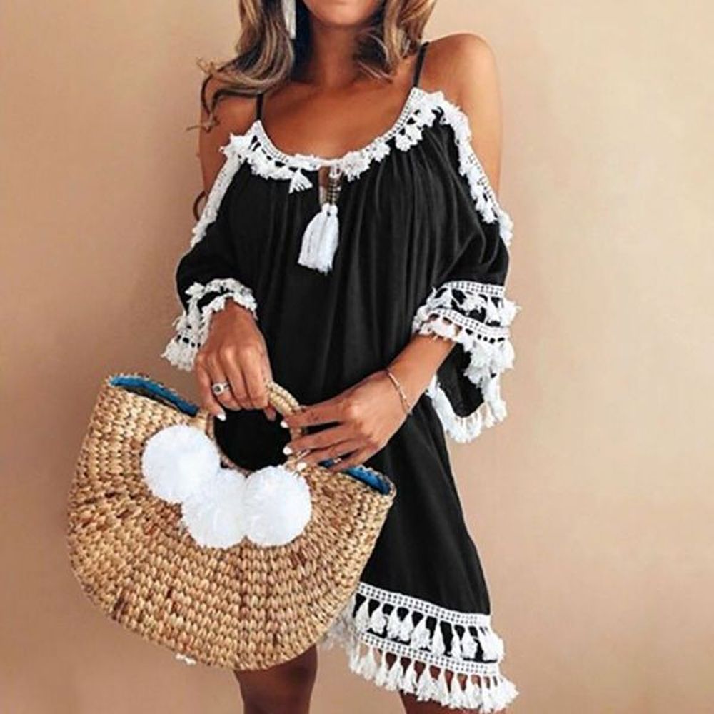 women white lace dress casual spaghetti strap tassel patchwork loose