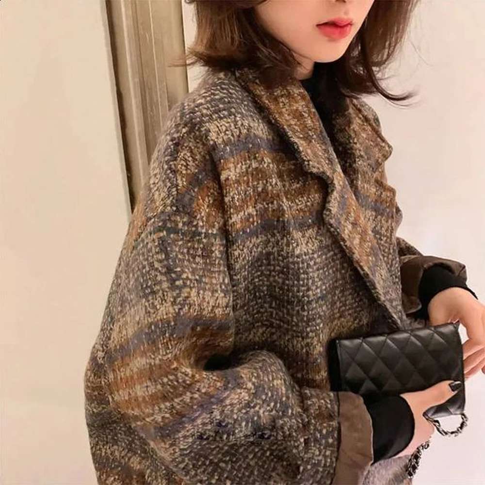 women winter korean woolen plaid jacket tweed vintage loose female