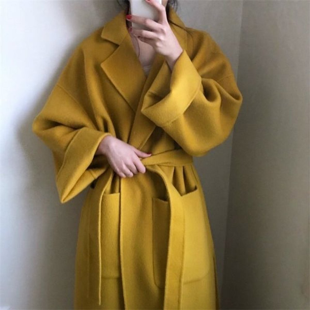 women yellow elegant winter wool overcoat long bandage woolen coat